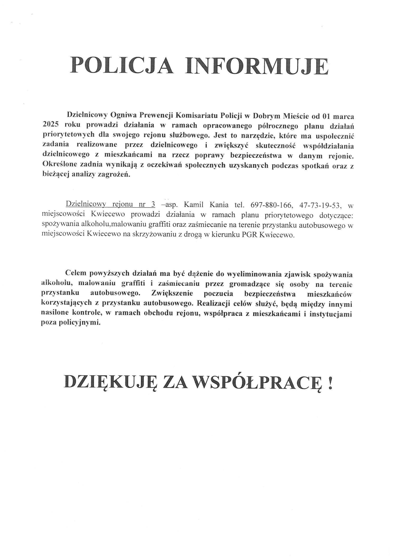 Informacja  policji dotycząca realizacji planu priorytetowego dla regionu służbowego nr3