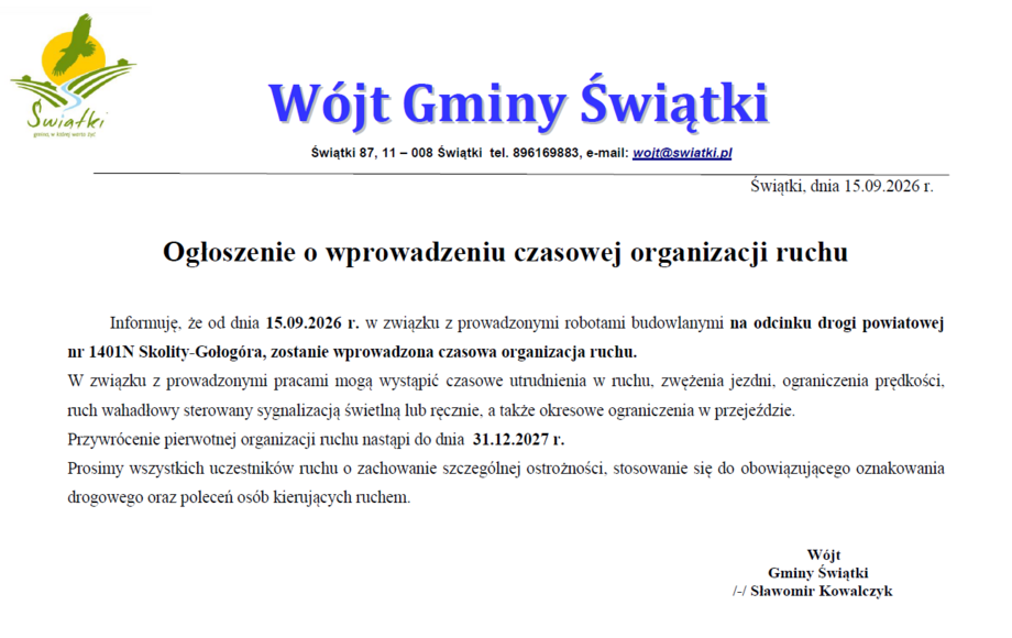 Wprowadzenie czasowej organizacji ruchu w gminie Świątki